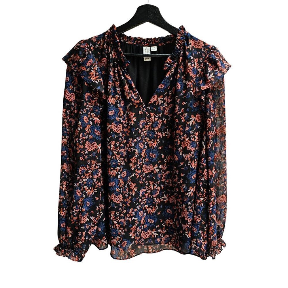 Joie Women's Floral Long Sleeve Blouse Size L Black Red & Blue Floral Size Large